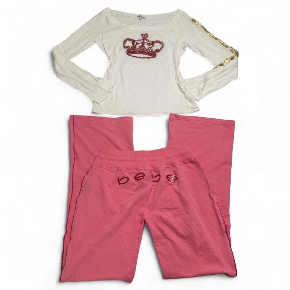 Y2K Rare vintage Bebe Pink & White Crown Sweat Set Size S cotton Mcbling sequin